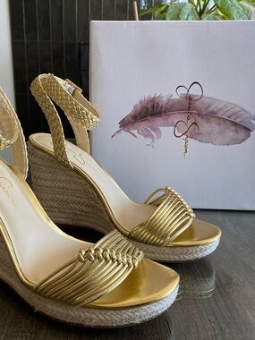 Jessica Simpson Metallic Gold Braided Espadrille Wedge Sandals NEW IN BOX